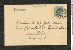 Nachlass Franz Steindachner, Postkarte von Emil Weiske an Franz Steindachner (16.10.1908), Inv.Nr. 582.04, Seite 1